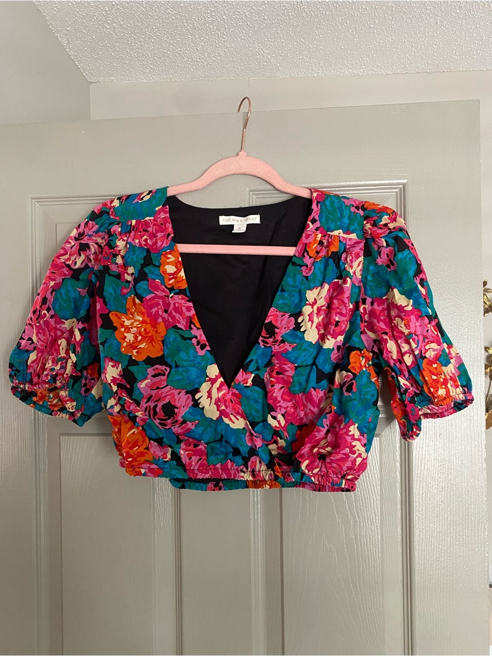 Floral V-Neck Cropped Top in Teal and Pink